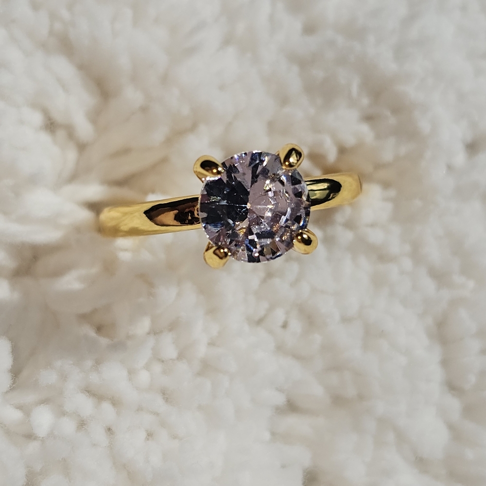 Gold Round Solitaire CZ Clear Rhinestone Ring 9 NWOT